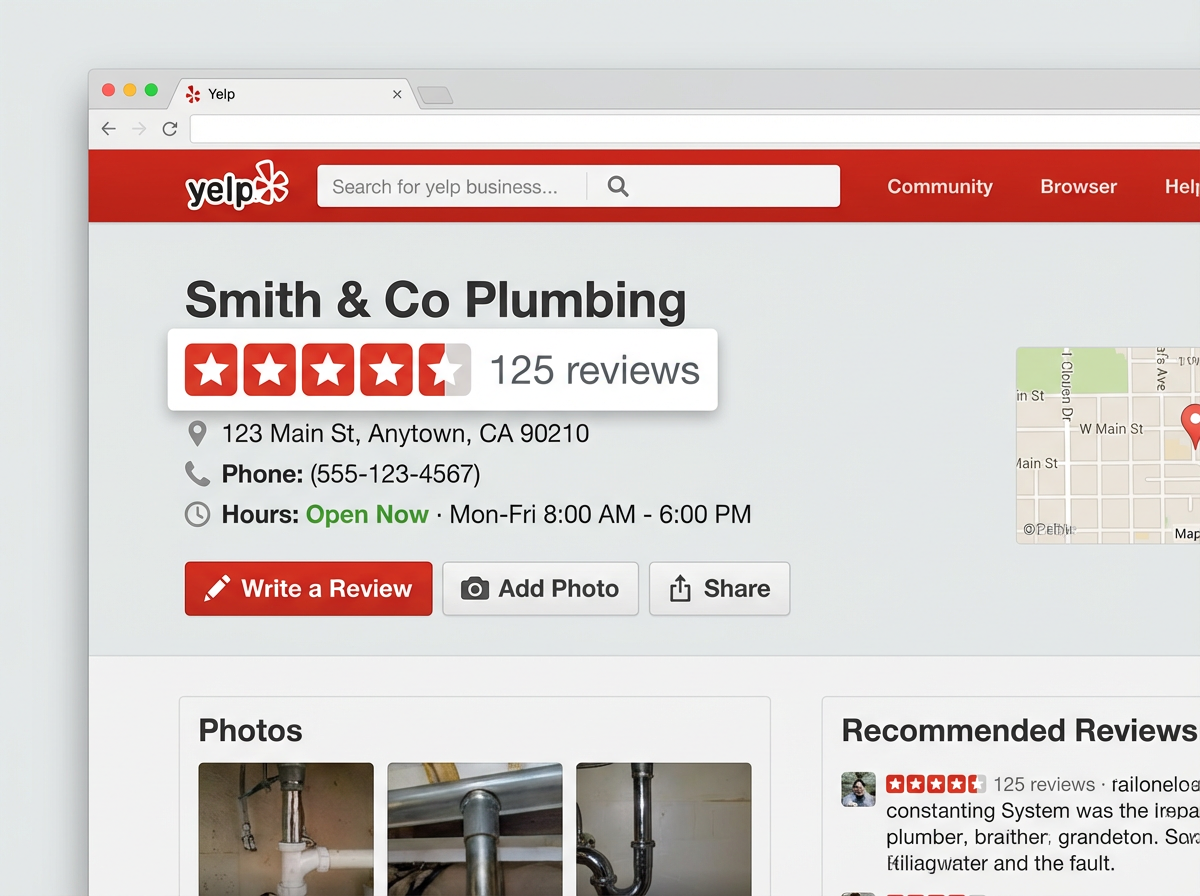 Citation example - Yelp business listing for Smith and Co Plumbing