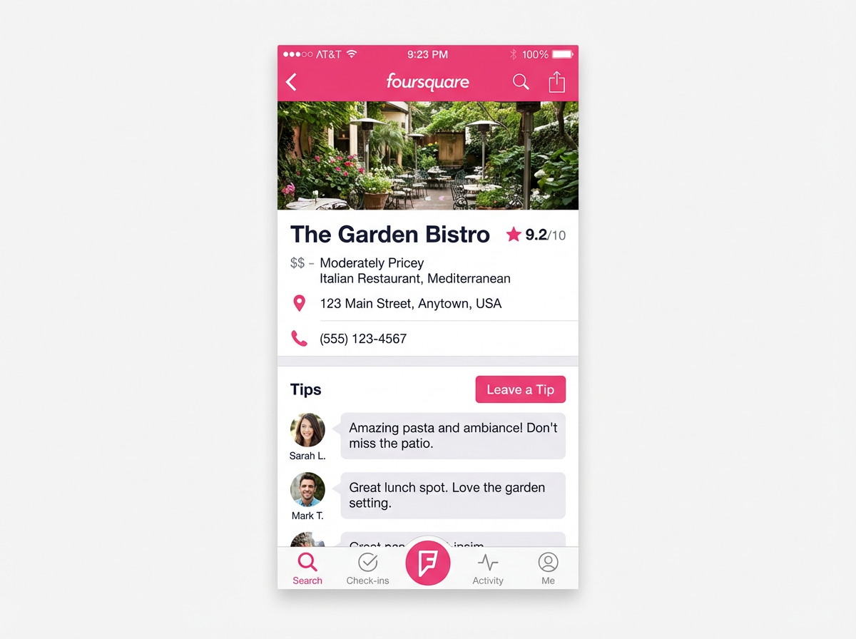 Citation example - Foursquare listing for The Garden Bistro restaurant