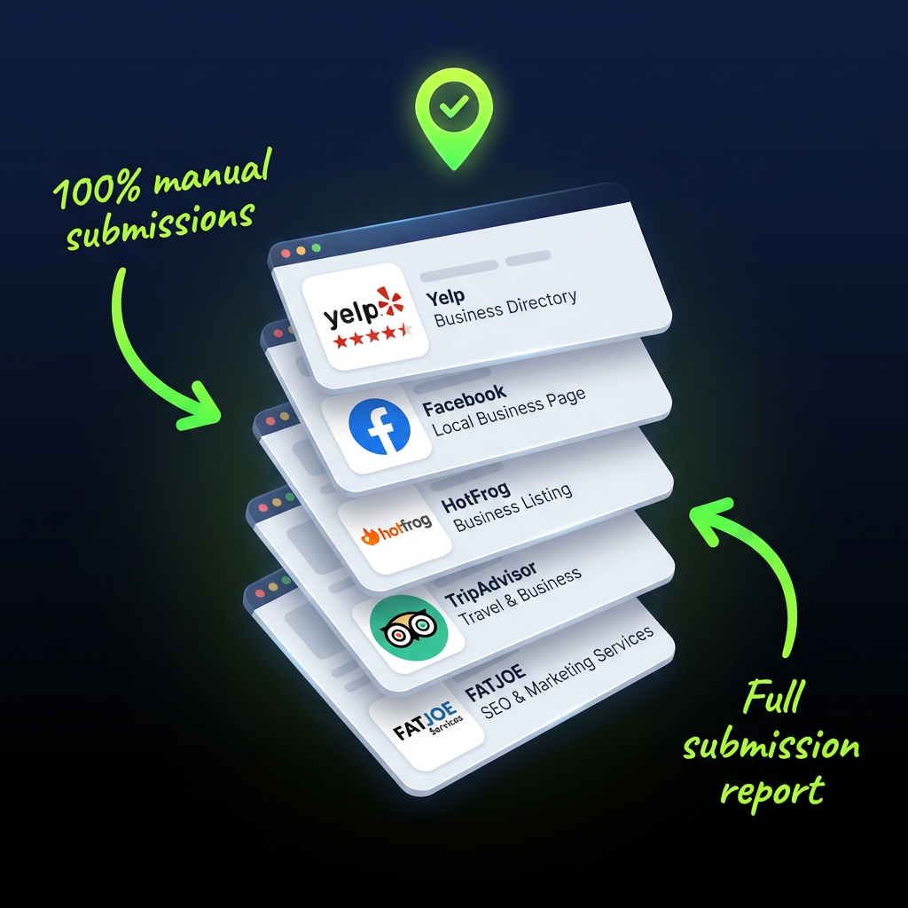 Local citation building examples showing Yelp, Facebook, HotFrog and other directory listings with manual submission annotations